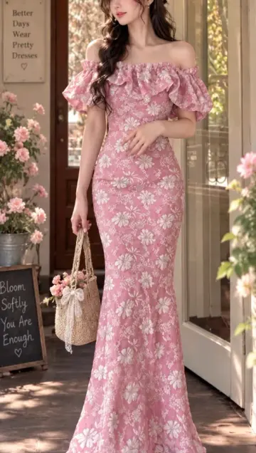 CottageCore Floral Chiffon Bodycon Prom Gown ,  Sweet Pink Maxi Birthday Dress RS1847