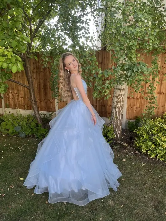 Puffy Tulle Embroidered Women's Prom Gown Pale Blue Waist Fitted Maxi Evening Dress Birthday Dress — Fall Outfit 2026 New  RS3288