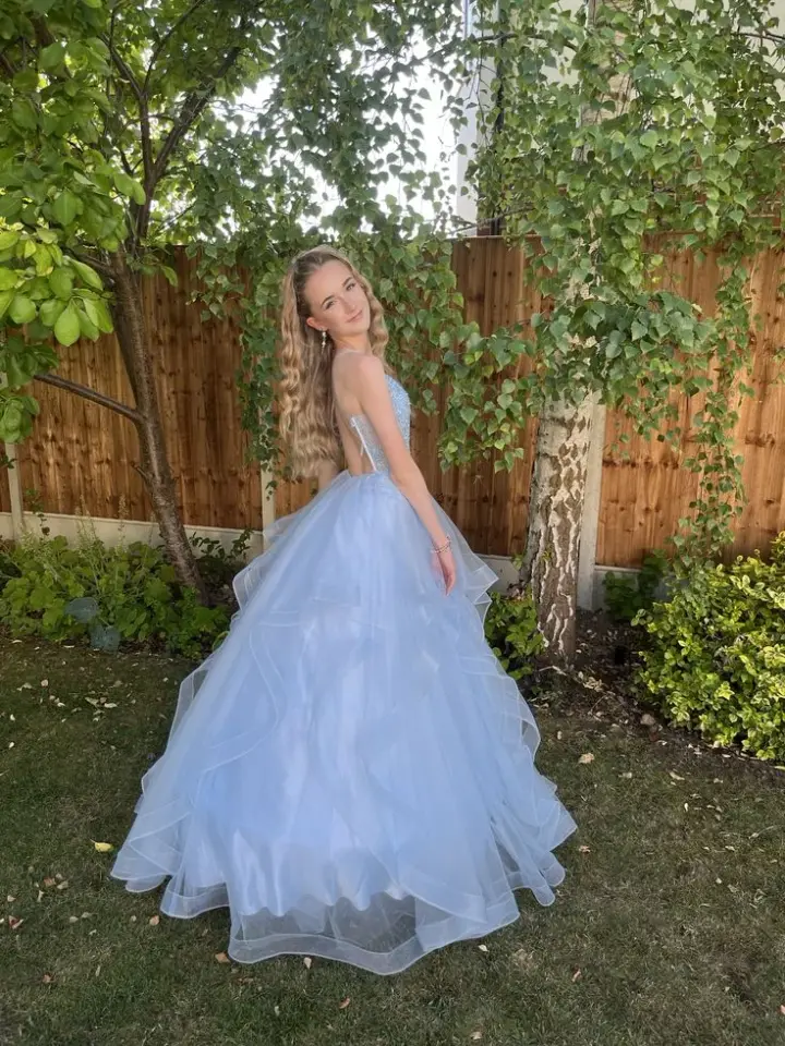 Puffy Tulle Embroidered Women's Prom Gown Pale Blue Waist Fitted Maxi Evening Dress Birthday Dress — Fall Outfit 2026 New  RS3288