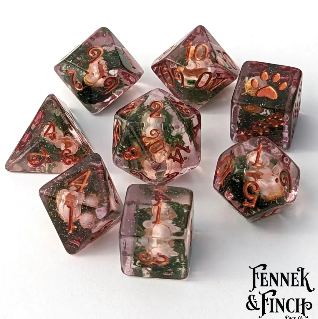 Pink Flowers and Moss DnD Dice Set – 8-Piece with Real Botanicals | Fennek & Finch