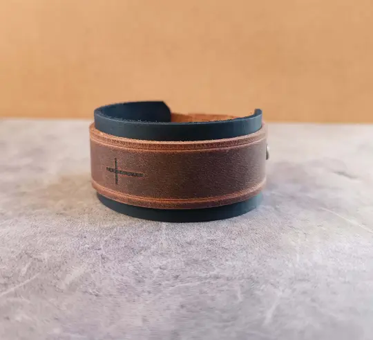 Rugged Horizontal Cross Leather Cuff | Two-Tone Faith & Strength Bracelet