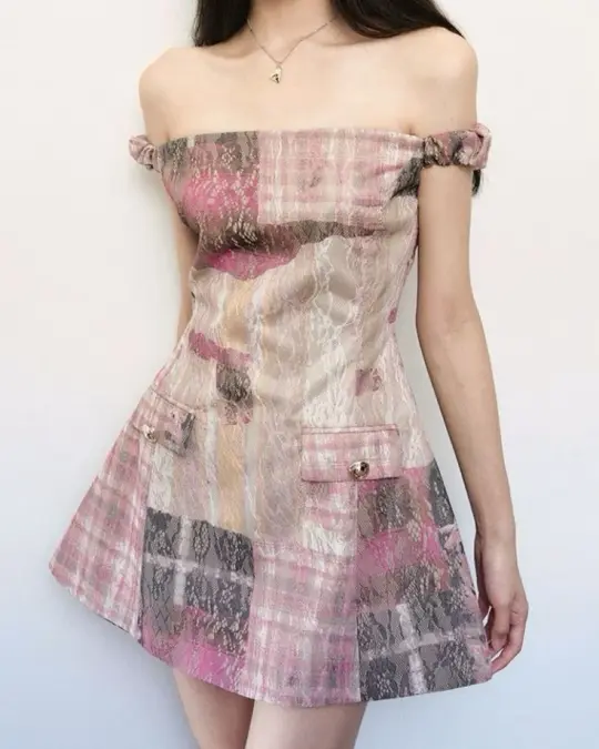 Pink checkered waist slim A-line short skirt homecoming dress R3060