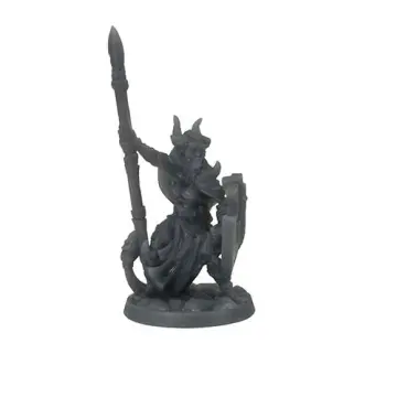 Unpainted 32mm 3D-printed horned tiefling spearwoman holding a long spear behind a raised shield — tabletop RPG miniature for D&D, Pathfinder & wargaming