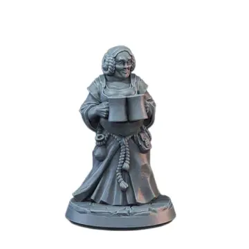 A highly detailed greyscale 3D digital render of a fantasy innkeeper miniature against a white background. The smooth digital lighting emphasizes the cheerful, stout woman with braided hair holding two large tankards. She wears a long dress and an apron tied with a rope belt, from which accessories hang, standing on a cracked stone base.