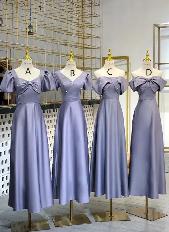 Light purple waist-cinched satin elegant slim-fit ball gown, bridesmaid dress R5938