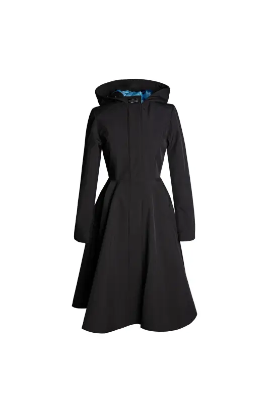 Fit and Flare Black Coat with Full Circle Skirt and Sapphire Blue Lining  | Black Sapphire