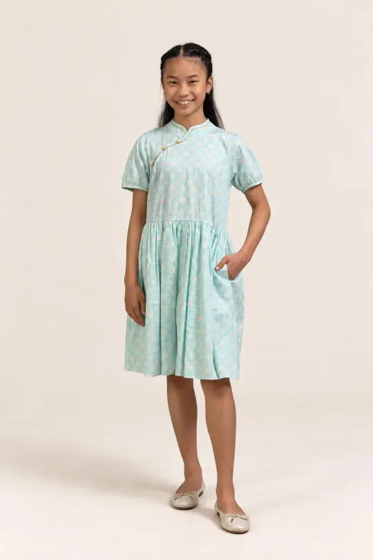 Giselle Cheongsam - Teal Plaid Tiles