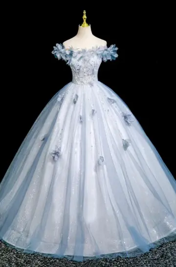 Elegant Pale Blue Beaded Ball Gown Bateau Applique Corset Maxi Evening Dress Quinceanera Dress RS587