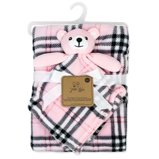 Baby Mode Baby Boys and Baby Girls Plaid Plush Blanket with Nunu Lovey Toy, Pink Plaid