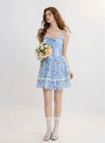 Blue Floral Lace Cami Dress Women With Bow Detail And Flared Skirt R9451