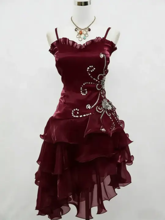 Charming Burgundy Beaded Homecoming Dress ,A-Line Spaghetti Straps Frilled Mini Prom Dress Cami Dress RS1100
