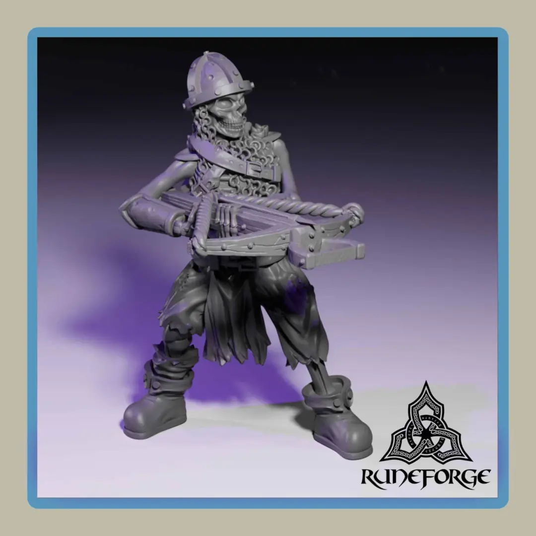 render of 28mm miniature undead armored skeleton with crossbow shooting