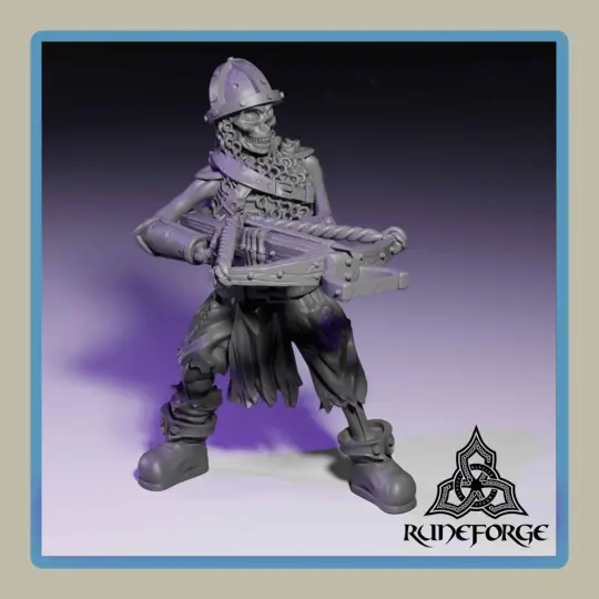 render of 28mm miniature undead armored skeleton with crossbow shooting