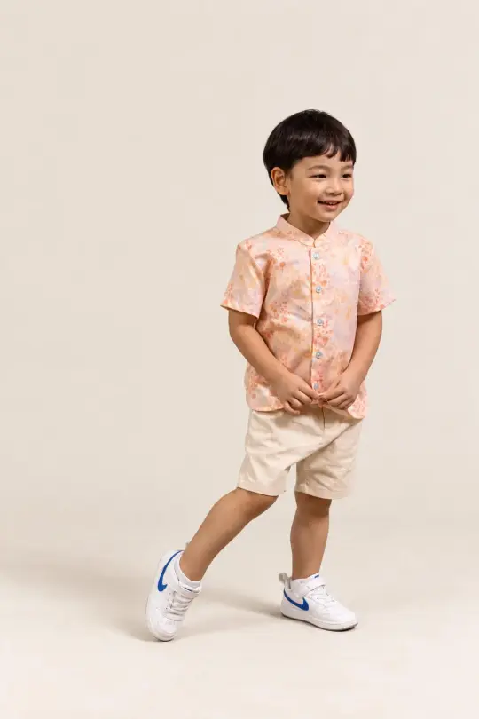 Mandarin-collared Shirt - Pink Floral Bamboo
