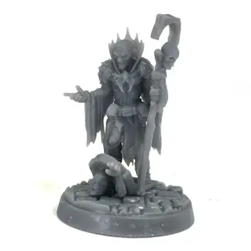 Unpainted 32mm 3D-printed crowned necromancer with skull staff, on foot and on a ram-skulled undead steed, tabletop wargame and RPG miniature for D&D, Pathfinder and rank and flank armies