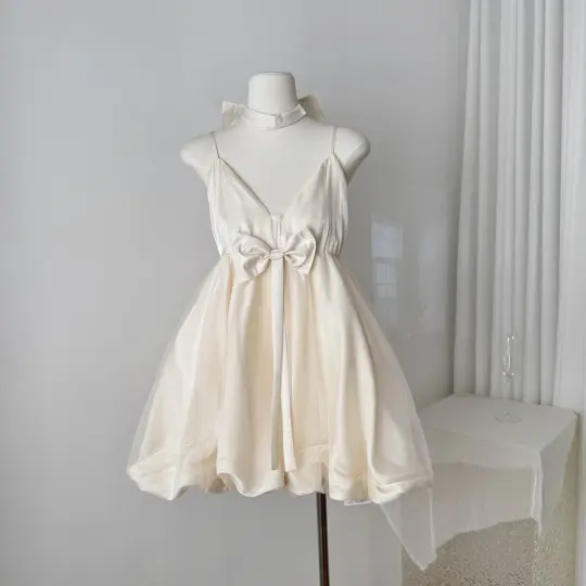 Halter neck dress 2025 summer backless bow princess dress pure desire flower bud dress R2179