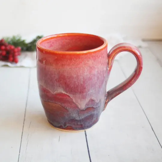 Bright Orange and Blue Purple Handmade Pottery Mug, 14 Ounce, Made in USA