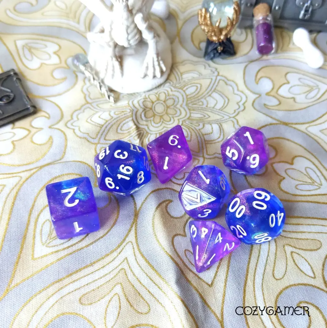 The Deep Dice Set – 7-Piece Purple Blue Galaxy Glitter DND Dice