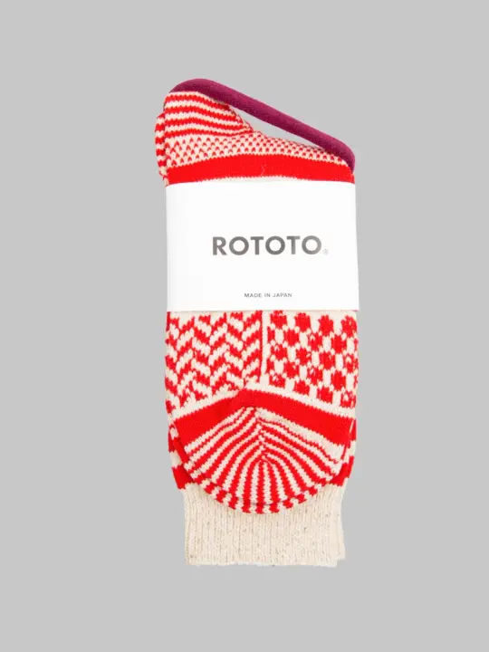 ROTOTO Multi Jacquard Crew Socks Ivory/Red