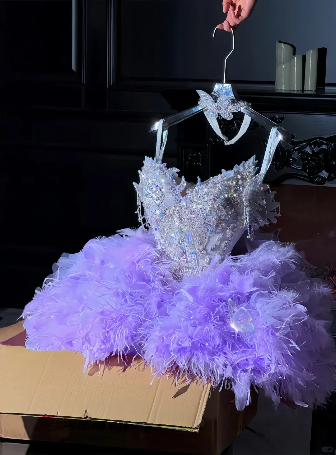 Silver top with diamonds and high-end purple feather skirt for homecoming dress R4194