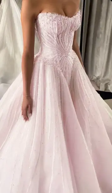 Sweet Blush Pink Beaded A-line Strapless Corset Maxi Birthday Dress Evening Dress RS485
