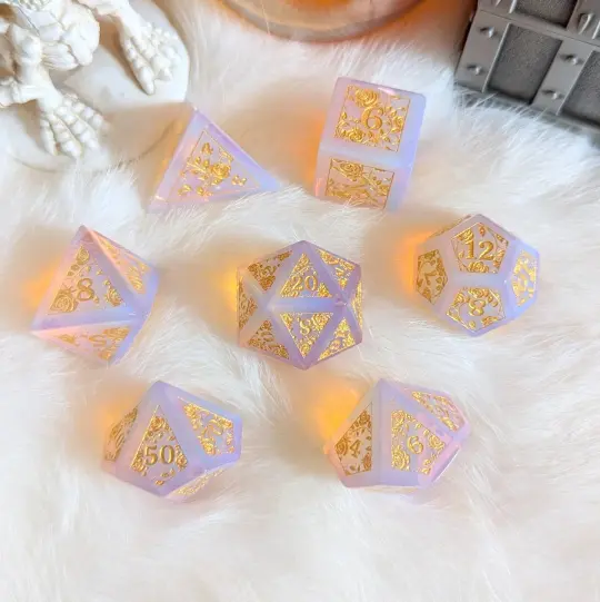 Pink Opalite Rose Vine Dice Set – 7-Piece Iridescent Glass DnD Dice