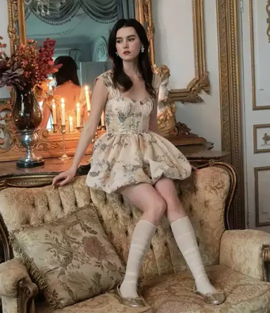 Beige Floral Print Corset Dress with Off-Shoulder Straps and Back Zipper R9185