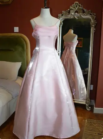 French Chic Blush Pink A-Line Spaghetti Straps Satin Corset Maxi Evening Dress RS478
