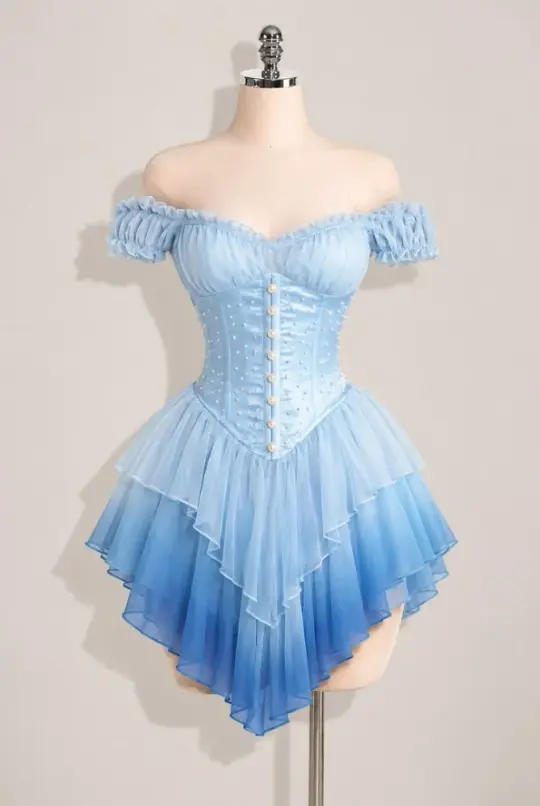 Fresh Ruffled Homecoming Dress , Baby Blue Flowy Chiffon Corset Mini Summer Dress Party Dress RS1480