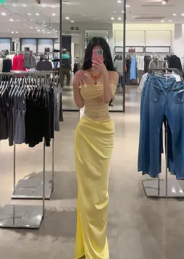 Light yellow off-the-shoulder waist-cinching sexy long prom dress R7912
