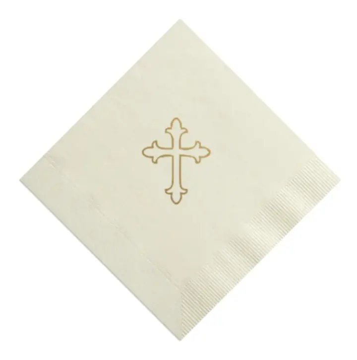 Gold on Cream Baptism Cross Foil Printed Cocktail Napkins, set of 20