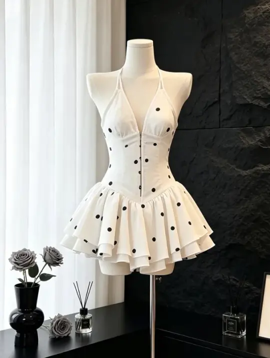 Polka Dots Frilled Women's Homecoming Dress Ivory Corset Short Prom Dress Party Dress RS2753