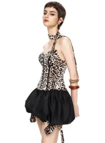 Leopard print halter top with black bud skirt for homecoming dress R4753