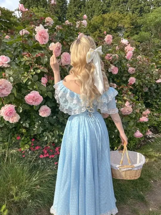 Gentle Lace Trim Polka Dots Prom Gown Blue Women's Corset Maxi Birthday Dress — Fall Outfit 2026 New RS3108