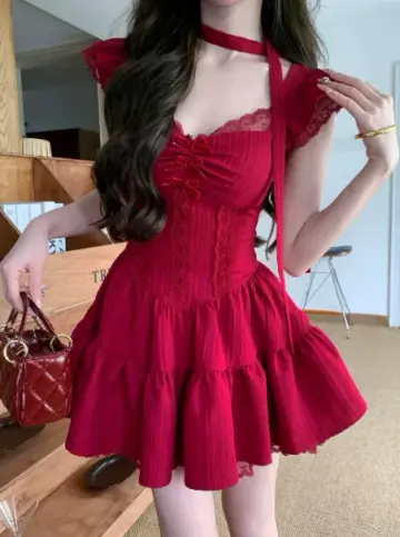 Gentle Red A-Line Portrait Lace Trim Corset Mini Homecoming Dress RS724