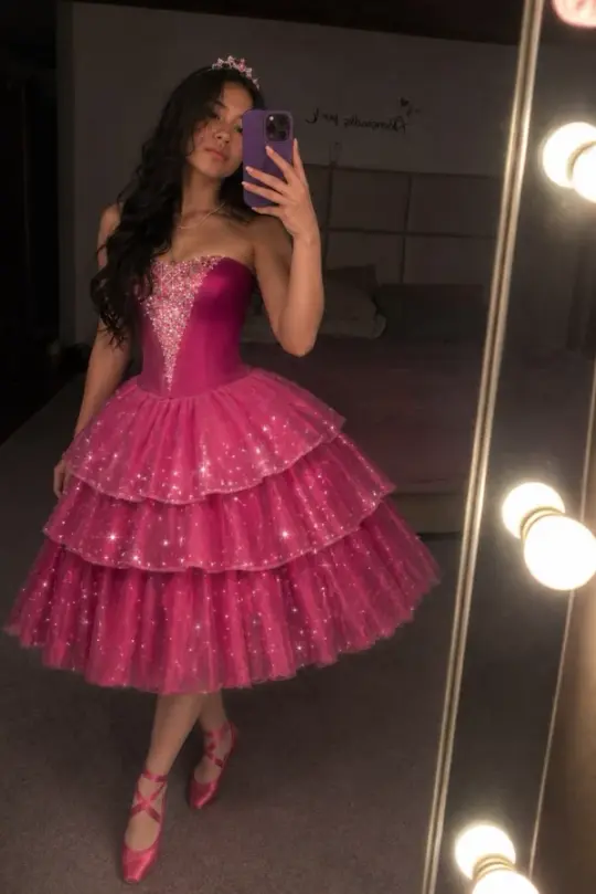 Puffy Tulle Glitter Women's Homecoming Dress Barbie Pink Corset Short Prom Dress Birthday Dress RS2612