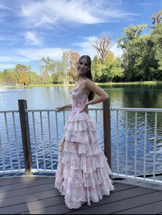 Floral Chiffon Ruffled Women's Prom Gown Blush Pink Waist Fitted Maxi Evening Dress Birthday Dress — Fall Outfit 2026 New  RS3287
