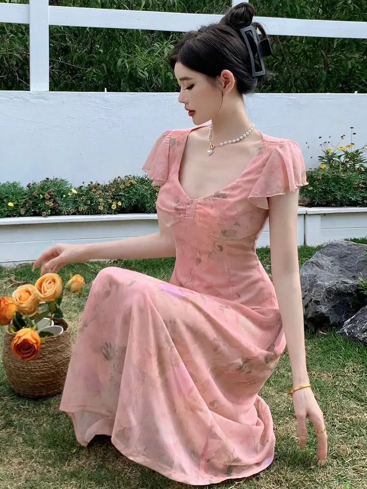 Pink Chiffon Elegant Comfortable Waist Slim Long Skirt Homecoming Dress R3255