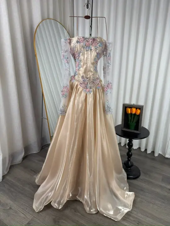 Charming Silky Applique Women's Prom Gown Champagne Waist Fitted Maxi Evening Dress Birthday Dress — Fall Outfit 2026 New  RS3252