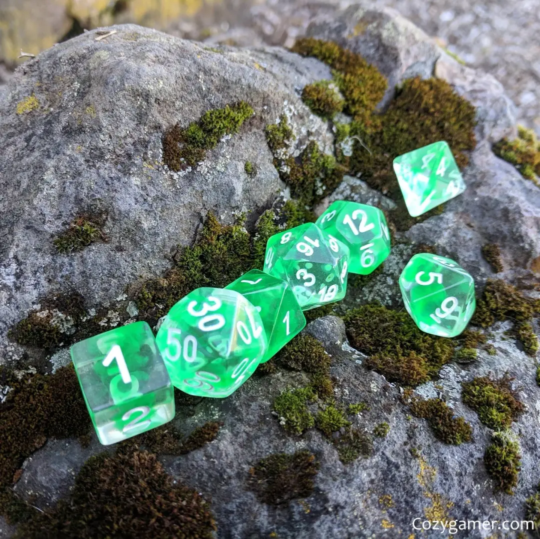 Nature Shift Dice Set – 7-Piece Clear Green Ink Suspended Polyhedral DnD Dice