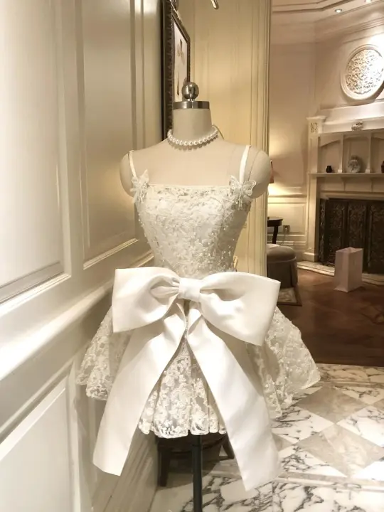 Lace bow strapless dress, summer dress, waist cinched princess puffy short skirt, homecoming dress R2994