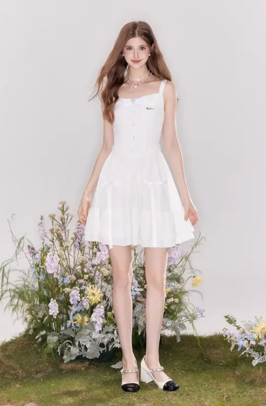 Girls slim texture tea break vacation white bow dress summer R4544