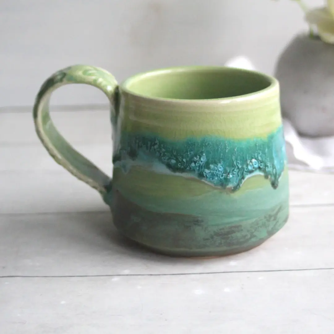 Handmade Ceramic Coffee Mug in Multiple Green Glazes, Made in USA