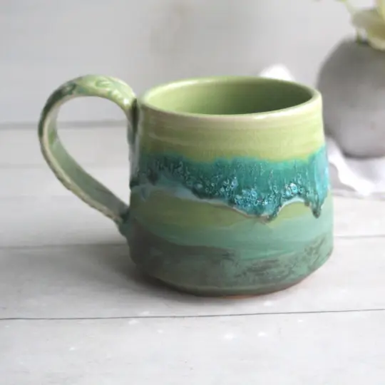 Handmade Ceramic Coffee Mug in Multiple Green Glazes, Made in USA