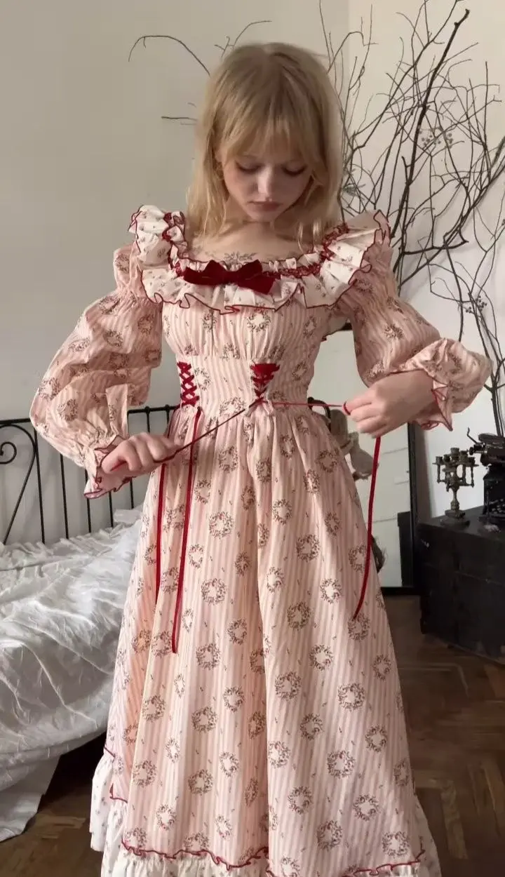 Pretty Striped Floral Women's Prom Gown Pink Waist Fitted Maxi Evening Dress Birthday Dress — Fall Outfit 2026 New  RS3338