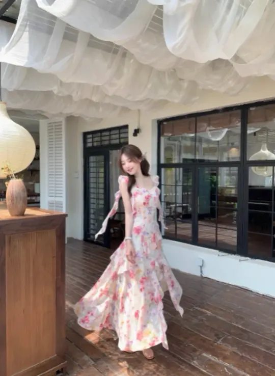 French holiday pink oil painting fairy floral long skirt female summer beautiful dress R3905