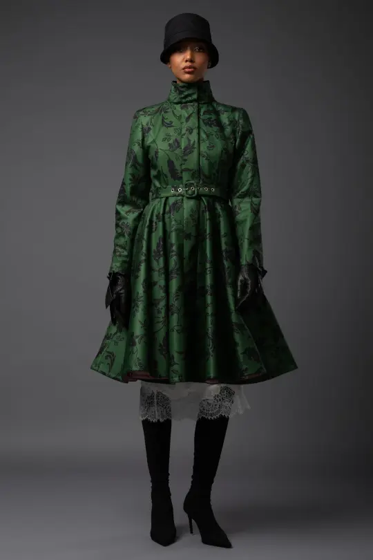 Winter Fit and Flare Coat in Green and Black | Winter Forest Flower