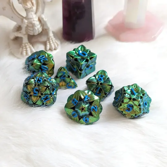 Green Floral Hollow Metal Dice Set – 7-Piece Zinc Alloy DnD Dice