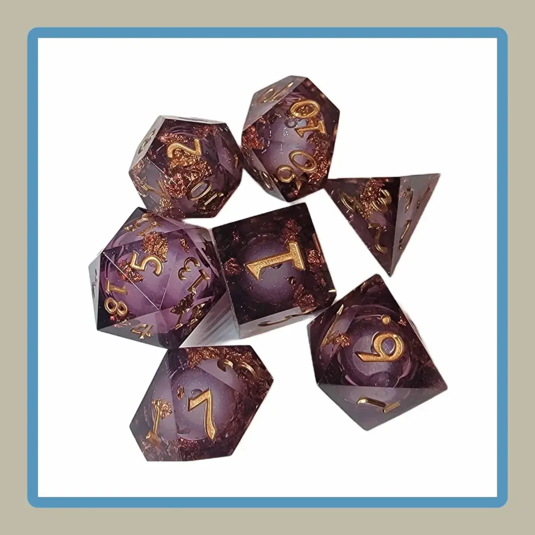 rpg dice inrosy purple with golden glitter and liquid core