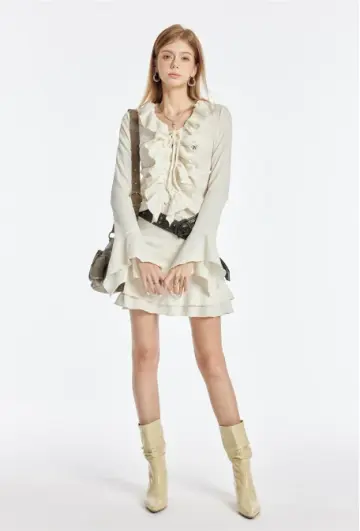 Cream White Ruffle Lace Up Long Sleeve Mini Dress Women Fall High Waist French Style R9387